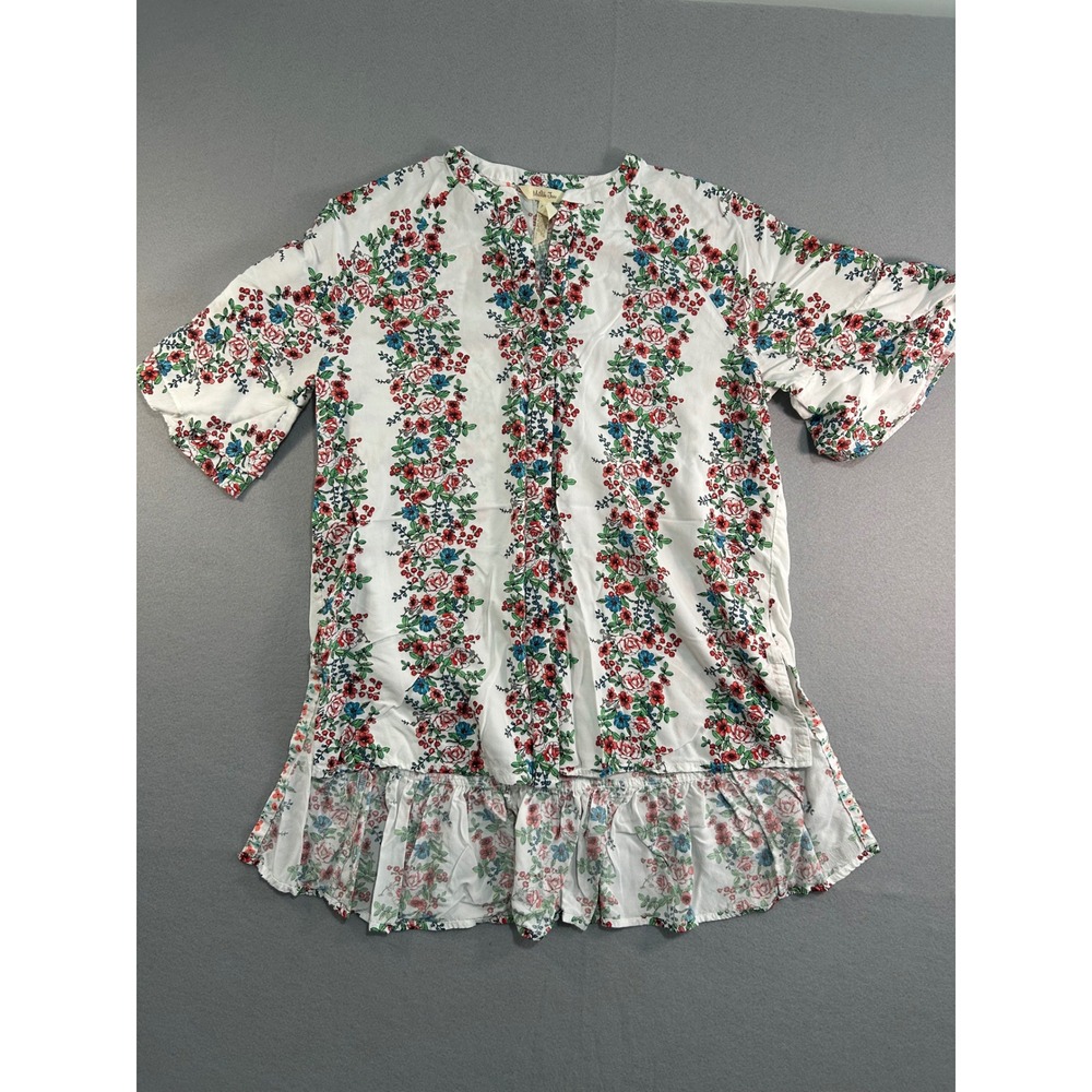 Matilda Jane Tunic Blouse Womens Small White Red Floral Ruffle Hem Short Sleeve